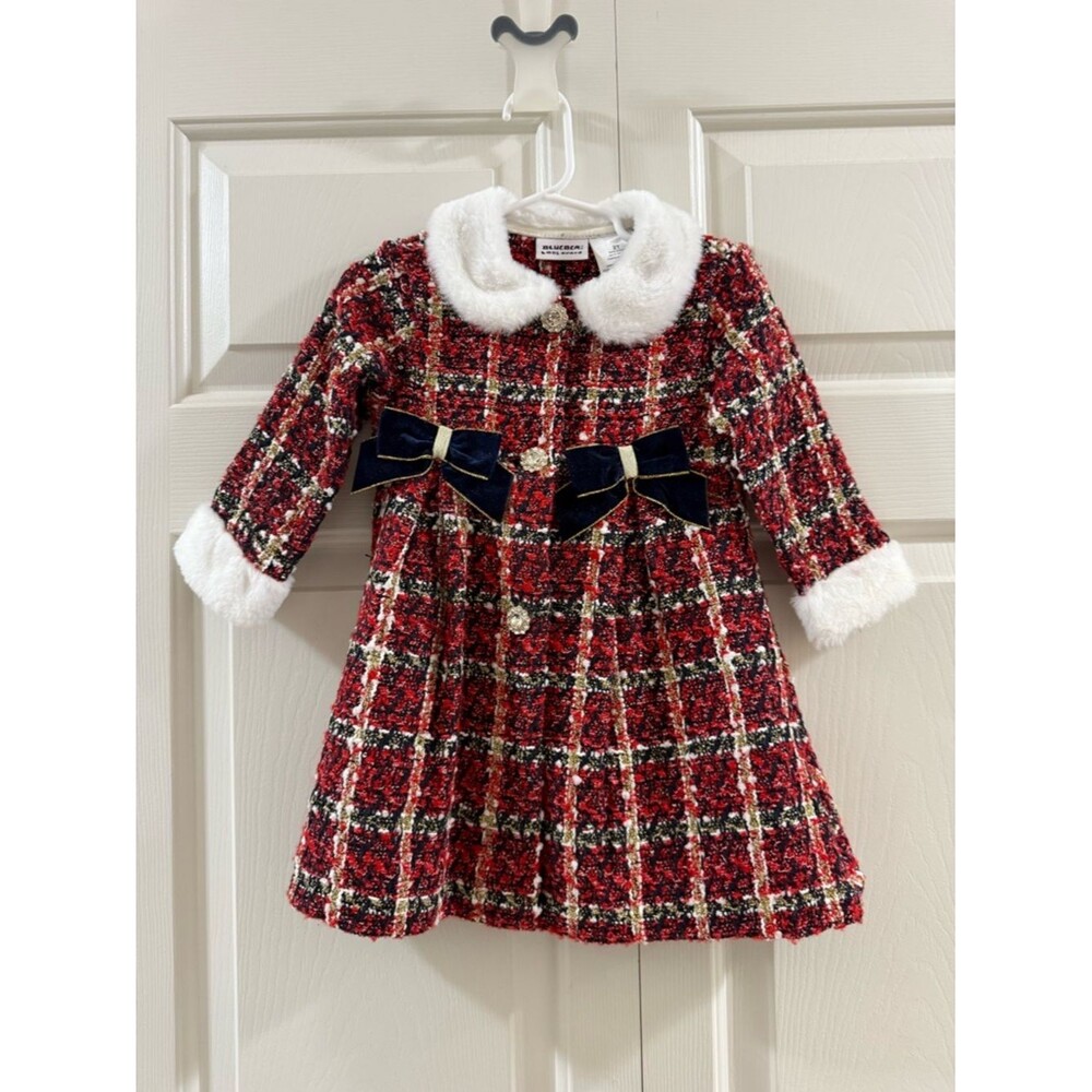 Blueberi Boulevard Red Plaid Tweed Dress Faux Fur Collar Bows 2T Holiday - Picture 1 of 11
